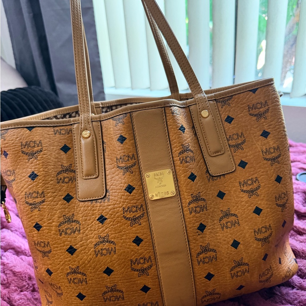MCM Cognac Logo Print Leather Tote with Gold Plaque